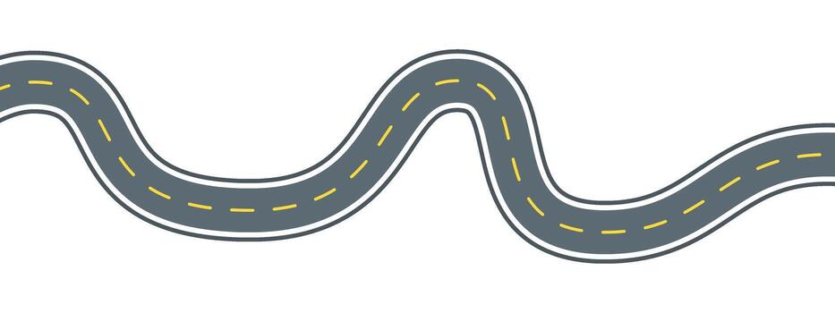 Winding road flat line illustration. outline pictogram of a curved asphalt highway with yellow dashed lane markings, symbolizing journey, route navigation, and travel path perspective. vector