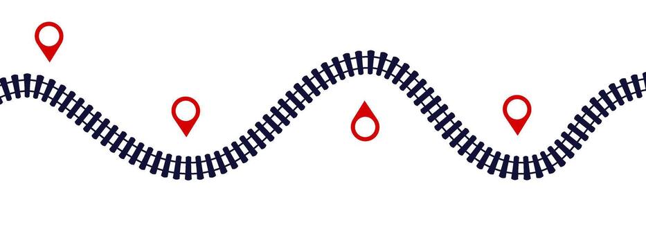 Railway journey infographic template. wavy train tracks with location pins, symbolizing route map, travel timeline, and railroad transportation navigation concept. vector
