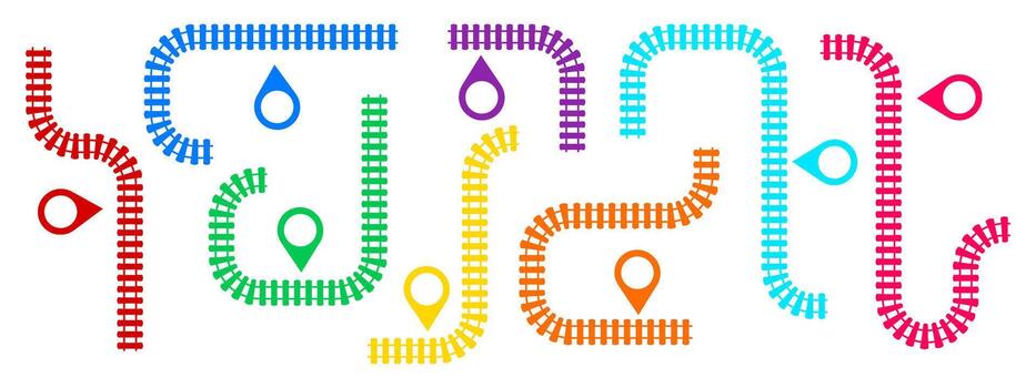 illustration of isolated track segments and path elements. Separate route sections with junctions, curves and direction indicators for transportation scheme or metro network design. vector