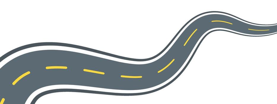 Curved highway flat line illustration. outline pictogram of a winding asphalt road with yellow dashed lane markings and white borders, symbolizing aerial view of travel route and journey path. vector
