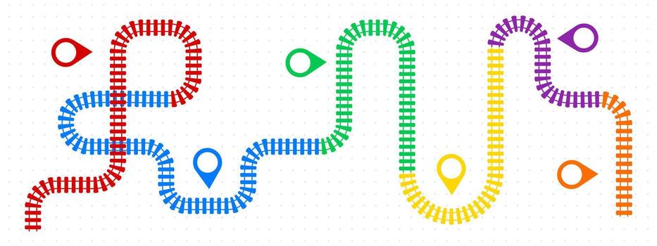 Railway map infographic with train routes and station markers on top view background. Clear track layout showing transportation network with directional arrows and journey timeline vector