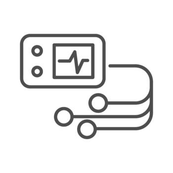 Holter monitor flat line icon. outline pictogram of an ECG device with a waveform display and connected electrodes, symbolizing cardiac rhythm monitoring and diagnostic testing. vector