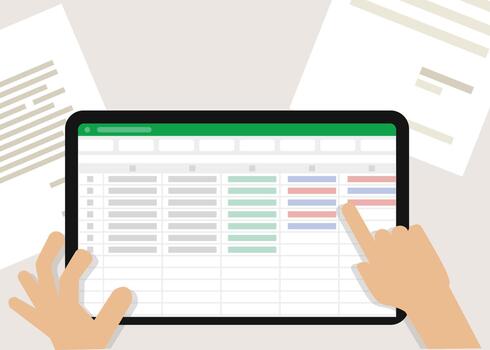 Spreadsheet screen on tablet and do accounting calculations automatically, create formulas vector