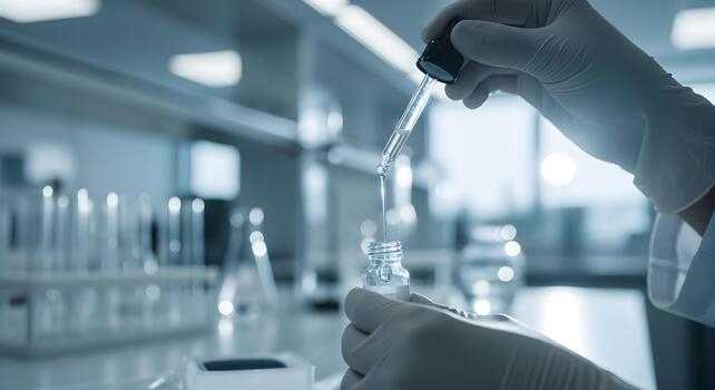 Scientist conducting experiment in laboratory with dropper and flask. photo