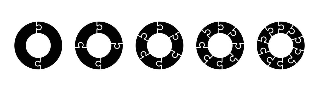 Circular puzzle icon set. Pieces puzzle on circle. Round puzzle collection. Diagram template. vector