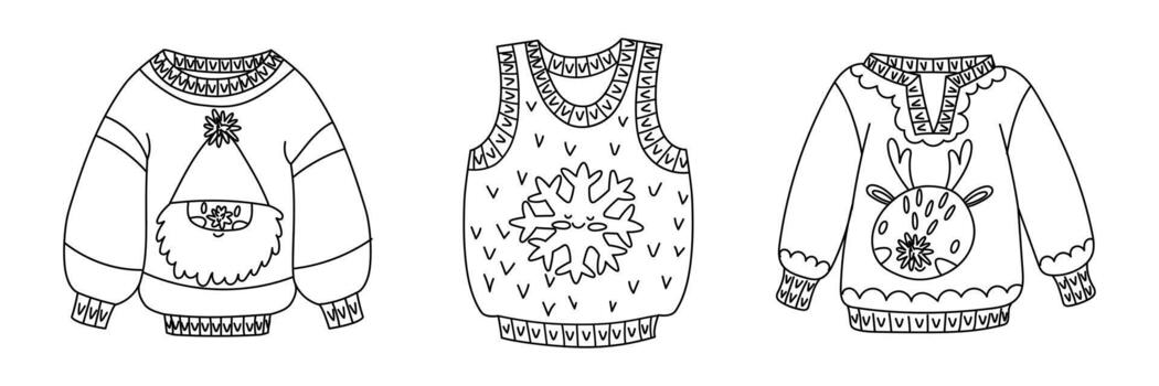 A set of outline Christmas sweaters with character designs. Snowflake, deer, and gnome. A collection of ugly holiday jumpers with festive elements to create a trendy design or color scheme. vector
