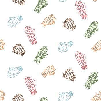 Seamless doodle pattern of various mittens and gloves in a colored outline with various knitting patterns. Decorative doodle texture for designing clothing, paper, or textiles in cold weather vector