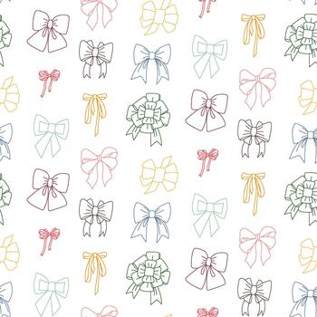 Seamless outline pattern in the form of colorful, diverse bows. Seamless festive texture. Fashionable decorative background for digital printing on paper, fabric, or festive greeting cards. vector
