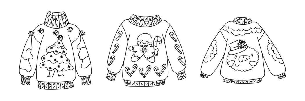 set of outline Christmas sweaters with character designs. Christmas tree, snowman, gingerbread man. collection ugly holiday jumpers with festive elements to create fashionable design or color scheme vector