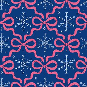 Seamless pattern with snowflakes and bows on a blue background. vector
