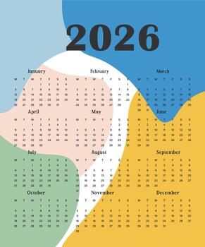 Modern 2026 Calendar Layout with Wavy Color Blocks vector