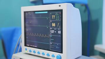 Utrustning i kirurgi rum arbetssätt under de drift. skärm som visar de ändringar i avgörande parametrar i de bearbeta av invasion. video