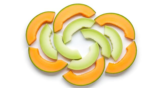 Fresh Cantaloupe and Honeydew Melon Slices Arranged in a Swirl Pattern on White Background photo
