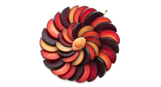 Plum Slices Arranged in a Circular Pattern with Pit photo
