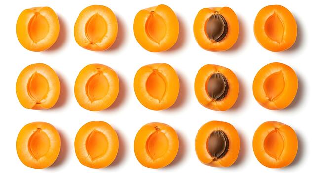 Fresh Apricots Halved with Pits and Without, Top View Pattern on White Background photo