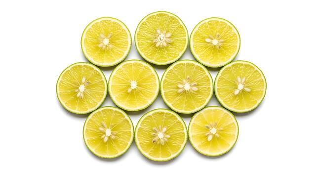Fresh Lime Slices Arranged in Pattern on White Background photo