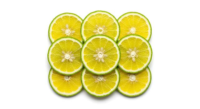 Fresh Lime Slices Arranged in a Pattern on White Background photo