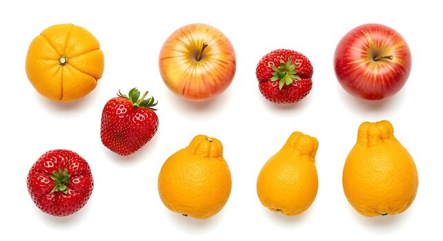 Assorted Fresh Fruits Apples, Strawberries, and Oranges on White Background photo