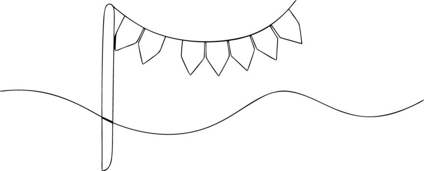 Black outline of bunting flags on a string above a wavy line vector