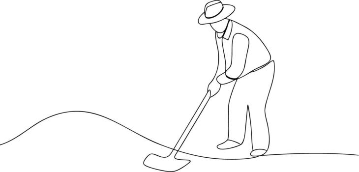 jardinero con sombrero rastrillar césped en continuo línea dibujo estilo vector