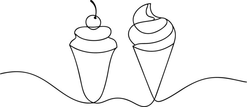 Two ice cream cones one with cherry topping single line drawing vector