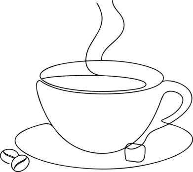 soltero línea dibujo de humeante café taza con frijoles y azúcar cubo vector