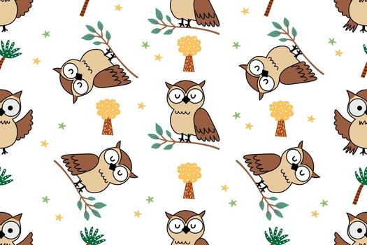 A cute owl pattern sitting on a branch and another bird spreading its wings and flying on a white background with leaves and trees. vector