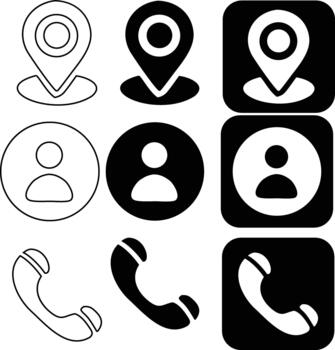 Location user and phone icons in outline and solid fill vector