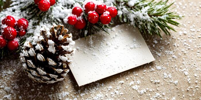 A snow covered pine cone red berries and evergreen branches rest on a blank note card on a rustic brown surface for Christmas photo