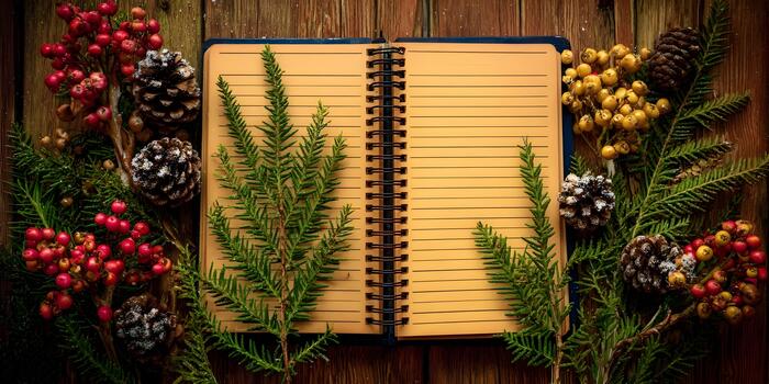 A rustic wooden surface features an open blank notebook surrounded by festive winter elements like evergreen branches red berries and pine cones photo