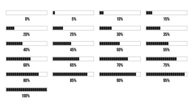 Collection of black and white loading bar diagrams showing progress from 0 to 100percent. Essential for UI, UX and technology concepts vector