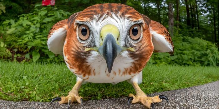 A majestic hawk stands on a path intently staring forward with its sharp eyes in a natural outdoor setting photo