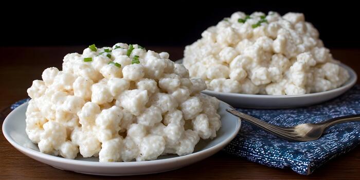 Two plates of creamy white cauliflower mac and cheese substitute topped with fresh green chives are served on a rustic wooden table photo