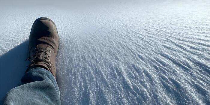 A person in a brown boot stands on a vast field of fresh snow creating intricate patterns photo