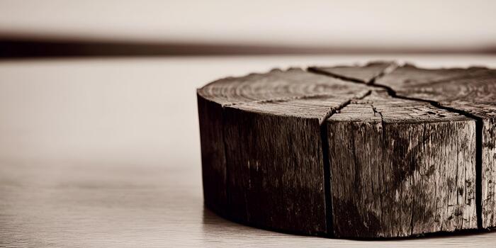 A detailed close up of a weathered round wood log with visible rings and deep cracks on a light surface photo
