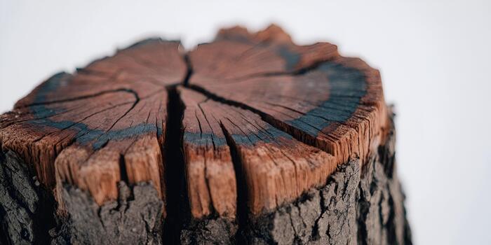 A detailed close up shows the natural texture and deep cracks of a weathered tree stump with dark charred markings on its top surface photo