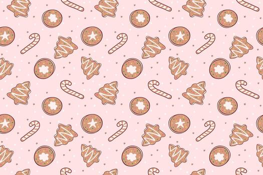 Adorable seamless pattern featuring festive gingerbread tree and round cookies, and candy canes on a soft pink background. Perfect for wrapping paper, textiles, product packaging, and web backgrounds. vector