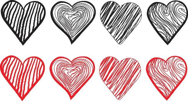 A set of four unique hand drawn heart shapes in black and red. Filled with scribble, striped, and patterned lines. Perfect for love, romance, passion, and celebration design. vector