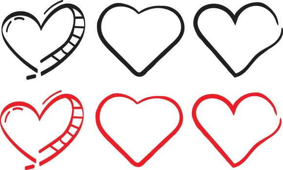 A set of three unique hand drawn heart shapes in black and red. Includes simple outlines and a path or railroad style graphic heart. Perfect for love, romance, emotion, and celebration design. vector