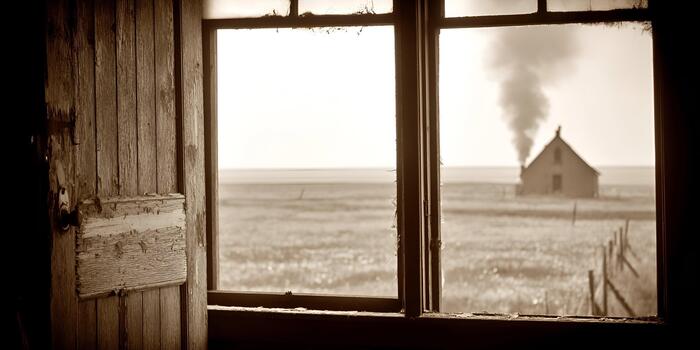 A sepia toned view from an old rustic window shows a distant farm house with smoke rising from its chimney across a vast open field photo