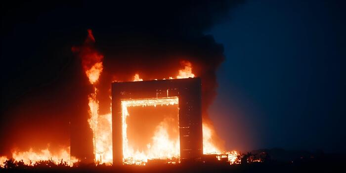 A large structure shaped like a rectangular frame is completely engulfed in intense orange and red flames under a dark night sky photo