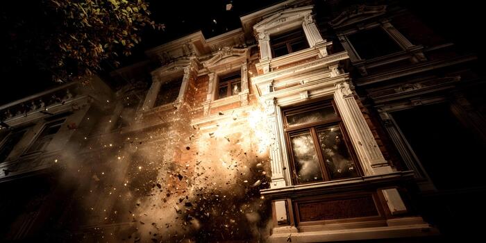 An old building explodes violently at night creating a dramatic scene with flying debris and bright fiery light photo