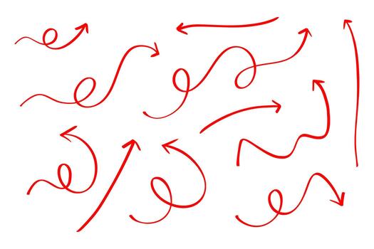 Hand drawn red arrows pointing in different directions on a white background indicating choices and navigation for graphic design projects and presentations vector