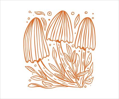 Simple line illustration a cute woodland mushroom. retro sketch elements with a clean white background and a hint of mossy forest atmosphere for a calm natural look. vector