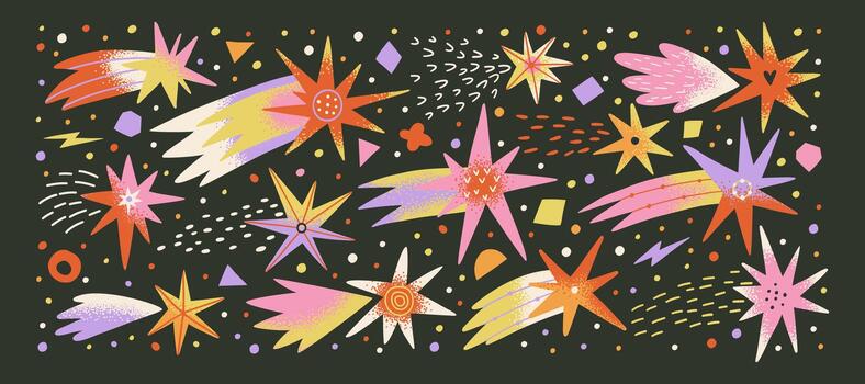 Shooting stars, comet, falling lights, twinkling. Space set. Cartoon style objects with textures. Isolated elements, design templates. Hand drawn illustration vector