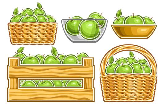 Green apples in different baskets and bowls vector