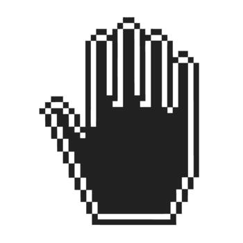 píxel Arte mano cursor retro negro y blanco computadora icono, digital puntero símbolo para web, selección, interfaz, diseño vector