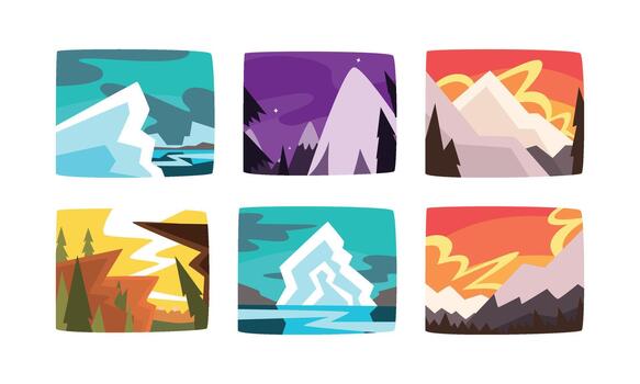 Mountain Peak and Summit Picture View with Sky and Trees Set vector