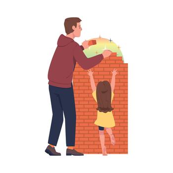 Man Father Laying Bricks Building Wall Protecting Daughter from External World as Problematic Communication and Misunderstanding Between Parent and Child Illustration vector