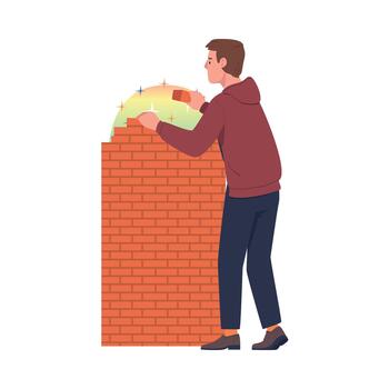 Man Laying Bricks Building Wall as Problematic Communication and Misunderstanding Metaphor Illustration vector